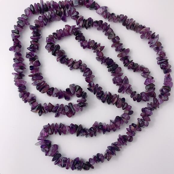 VTG Y2K Amethyst Chip Necklace 36" Natural Purple Gemstone Boho Strand Jewelry - Picture 12 of 16